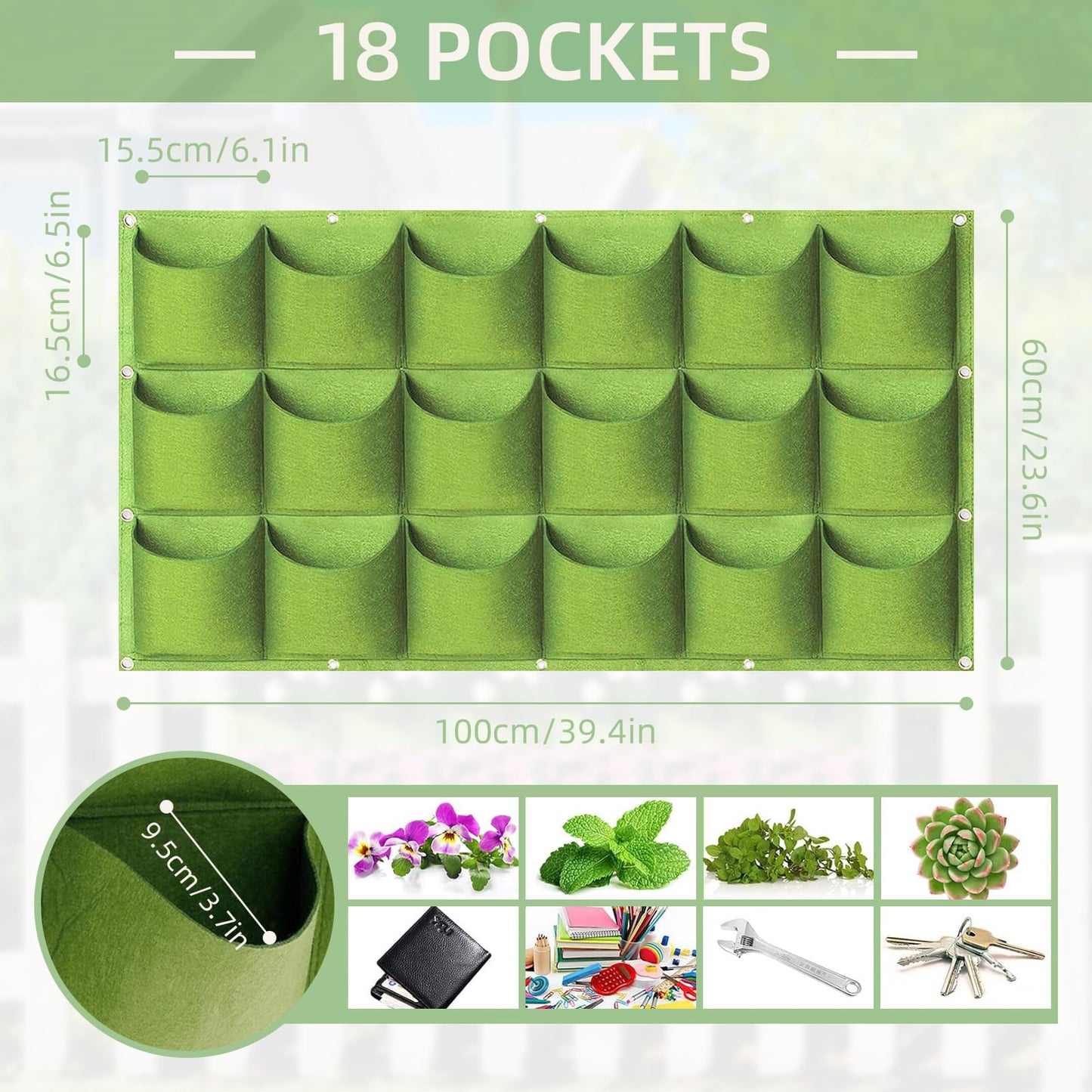 LITLANDSTAR 18 Pockets Hanging Grow Bags, 2 Pack Horizontal Wall Planter Plant Grow Bags Outdoor Indoor Hanging Planter for Balcony/Railing/Fence/Yard/Garden/Home Decoration, Green
