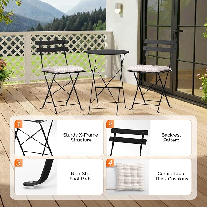 VINGLI Outdoor Folding Bistro Table and Chairs Set of 2, 3-Piece Bistro Set