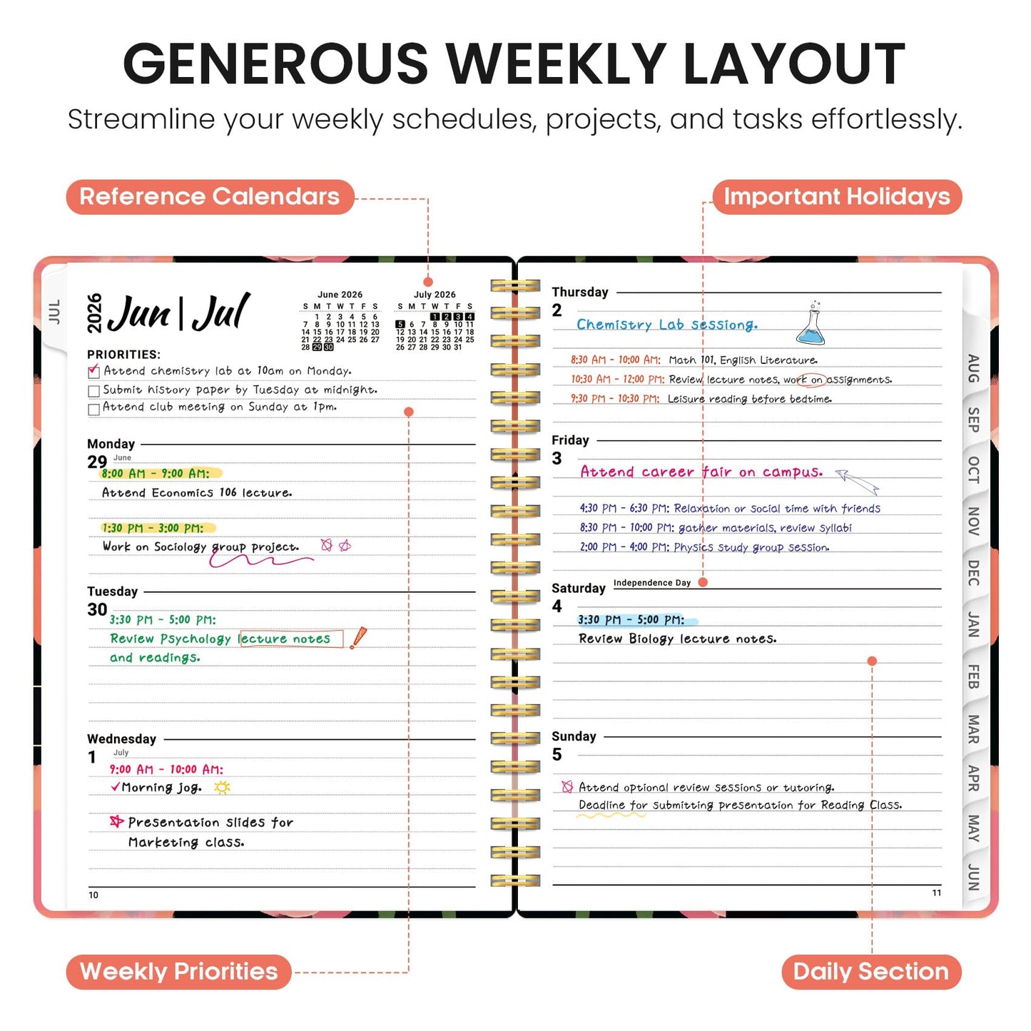 Planner 2026-2027, Academic Year Weekly and Monthly Calender Planner, from Jul 2026 - Jun 2027, Spiral Bound School Planning Book, Perfect for Teacher, Student, Women & Men, A5 (6.3" x 8.5"), Midnight Poppies