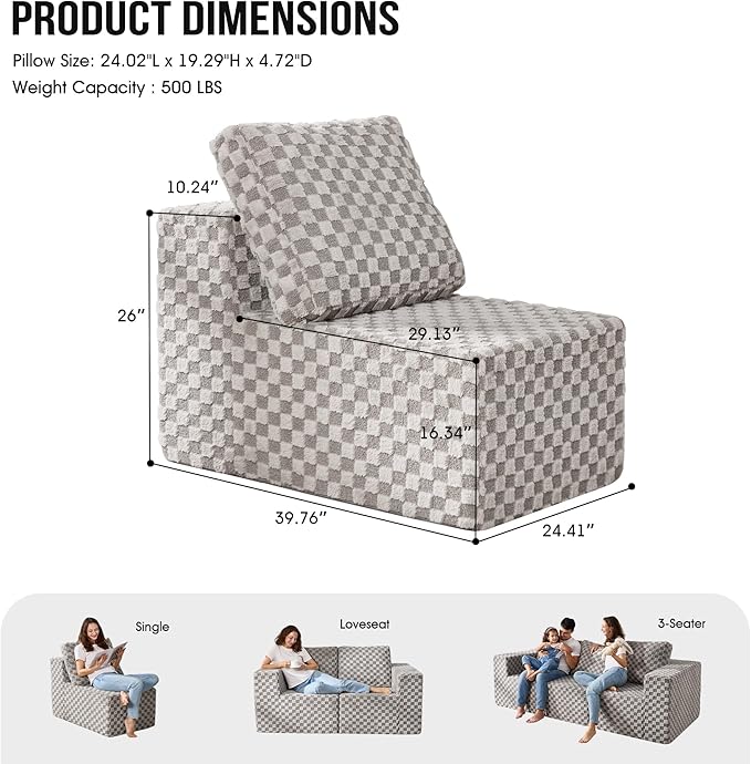 Single Sofa 1 Seat Couch with Deep Seat Memory Foam Cloud Chair with Pillows