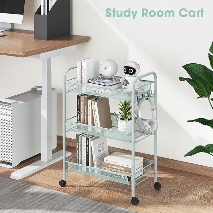 TOOLF 3-Tier Metal Rolling Cart, Mesh Wire Easy Assemble Utility Cart, Storage