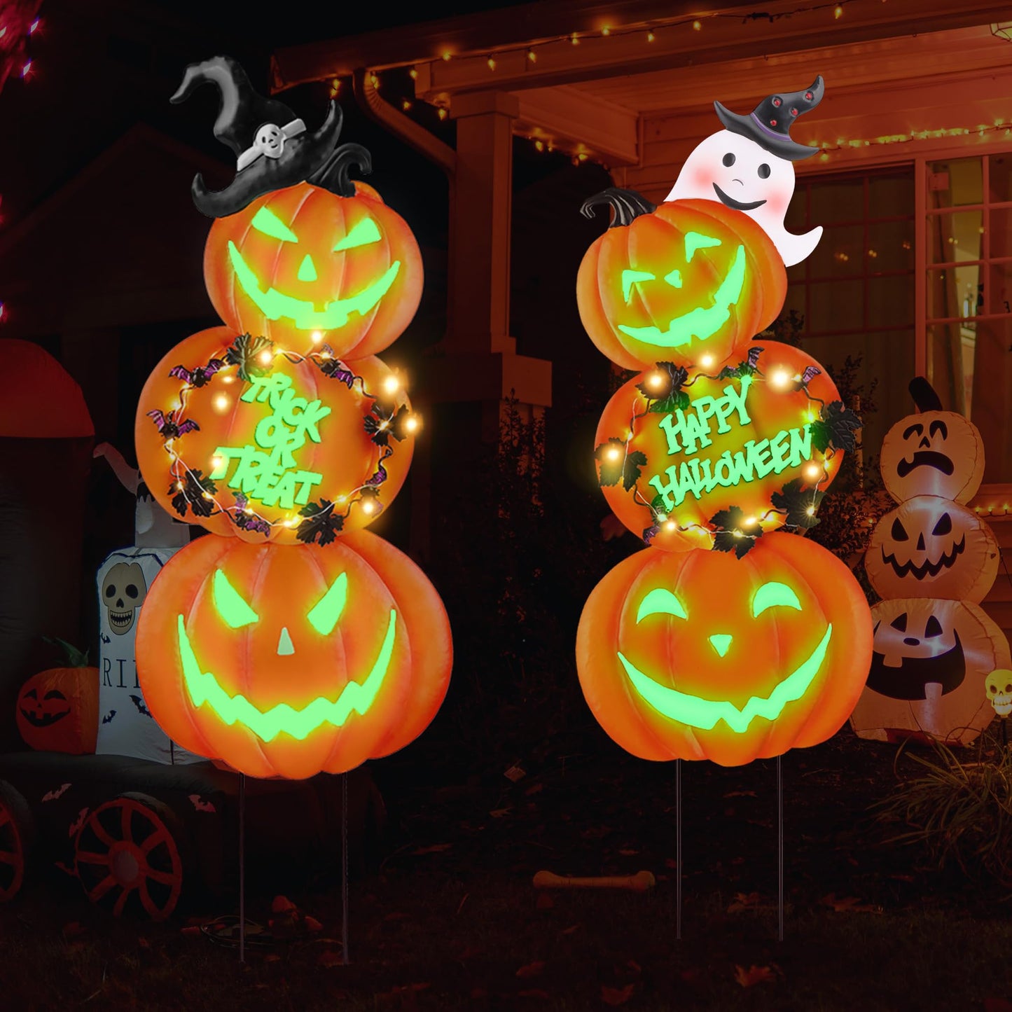Fovths 6 Pieces 38.2 Inch Metal Halloween Pumpkins Yard Signs with Stakes Waterproof Solar String Lights Pumpkin Ghost Witches Hat Stakes for Halloween Theme Party Outdoor Garden Lawn Decor
