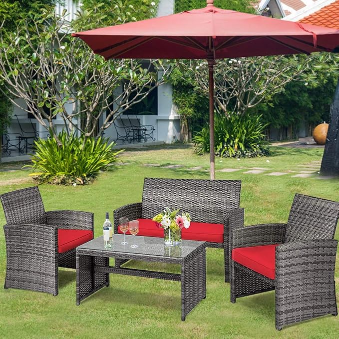 Tangkula 4 PCS Wicker Patio Conversation Set, Outdoor Rattan Sofas