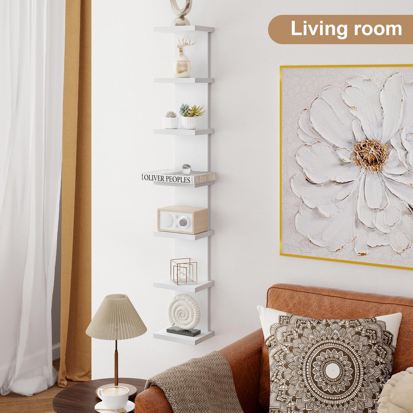 Fun Memories 7 Tier Wall Shelf Unit, White Floating Shelves for Storage - Vertical Column Tower Design, Lack Wall Shelf Space Saving Organizer for Bedroom, Living Room, Home Decor