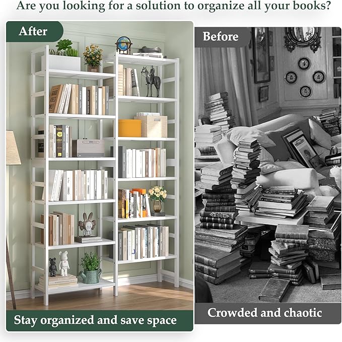 Homykic Double Wide Bamboo Bookshelf White, 6-Tier Large Open Bookcase