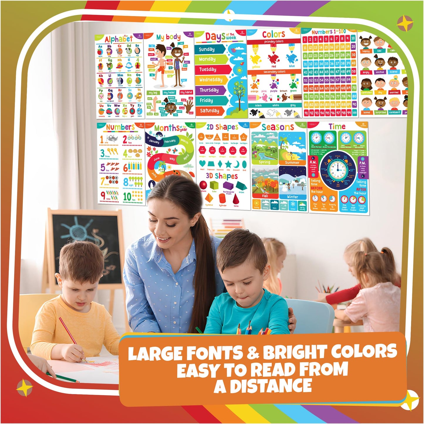 Sproutbrite 11 Pack 13.75"x19.75" Educational Posters for Toddlers Large Classroom Decorations for Preschool & Homeschool – Includes Alphabet, Numbers, Seasons, and Emotions – High-Visibility Learning Charts for Ages 3-5