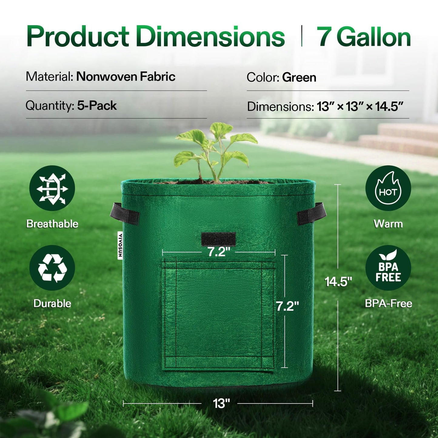 VIVOSUN 5-Pack 7 Gallon Potato Grow Bags for Growing Potatoes, Fabric Potato Pots with Handle and Roll-up Window, Potato Growing Containers Potato Planter Potato Planter for Growing Potatoes, Green