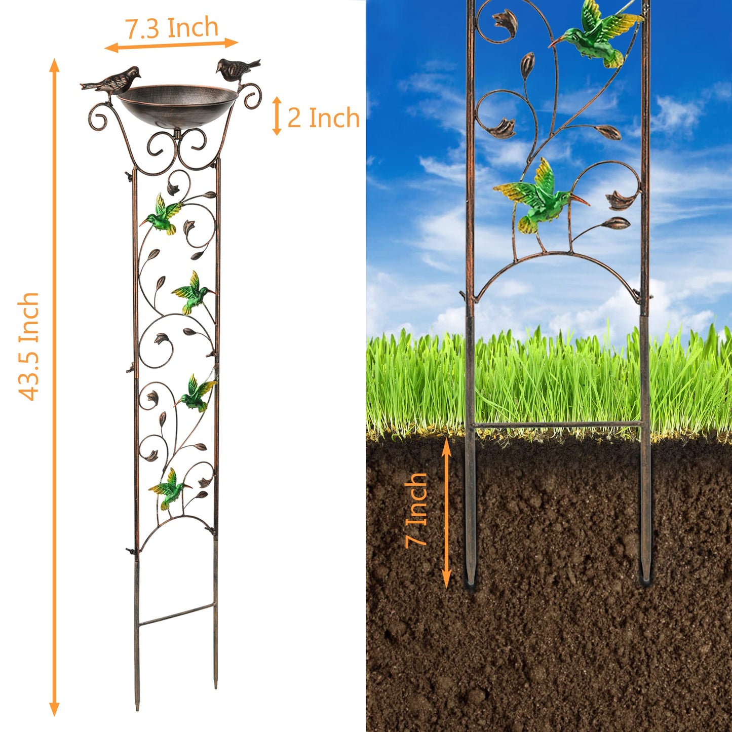 LEWIS&WAYNE Garden Trellis Bird Bath Outdoor, 40 Inch Antique Iron Garden Plant Trellis Decorative with Hummingbirds and Detachable Drinking Basin Bowl, Free Standing BirdBath Birdfeeder Station