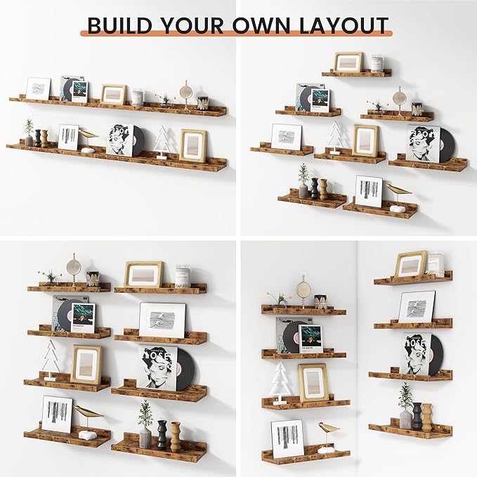 Floating Picture Ledge Shelves Set of 8, 16 Inch Solid Wood Wall Shelves