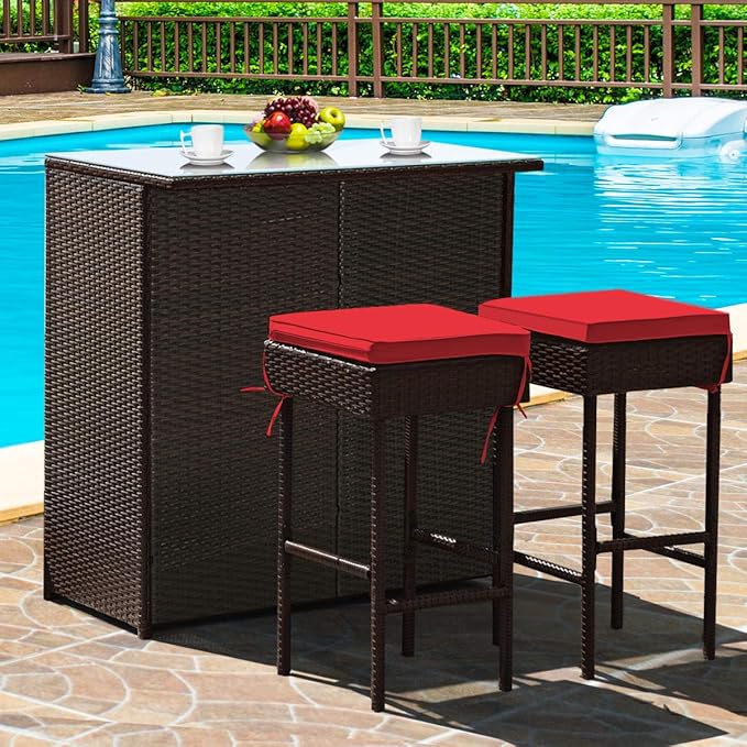 Tangkula Patio Bar Set, 3 Piece Outdoor Rattan Wicker Bar Set