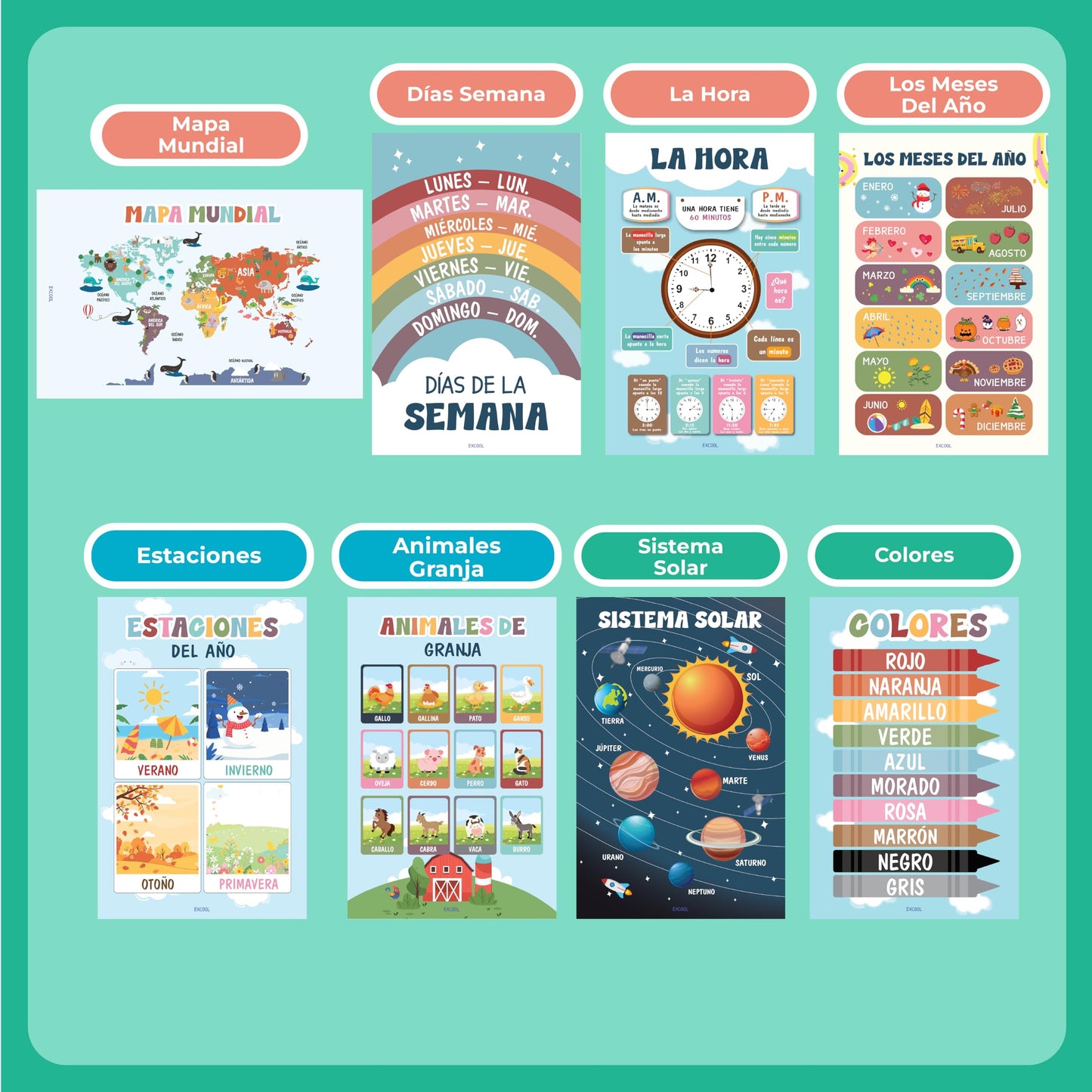 EXCOOL CLUB 16 Spanish Classroom Posters For Elementary - Colorful Bilingual Educational Posters For Toddlers 1-3, Laminated Learning Poster Preschool Must Haves, Abecedario Para Niños En Español
