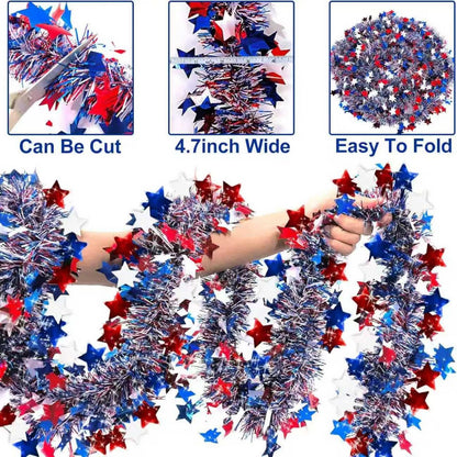YunPuff 33Ft 4th of July Sequin Star Garland, Red White Blue Metallic Tinsel Twist Garland with 5-Pointed Stars, 2026 Patriotic Independence Day Decor for 250th Anniversary Home Staircase Porch