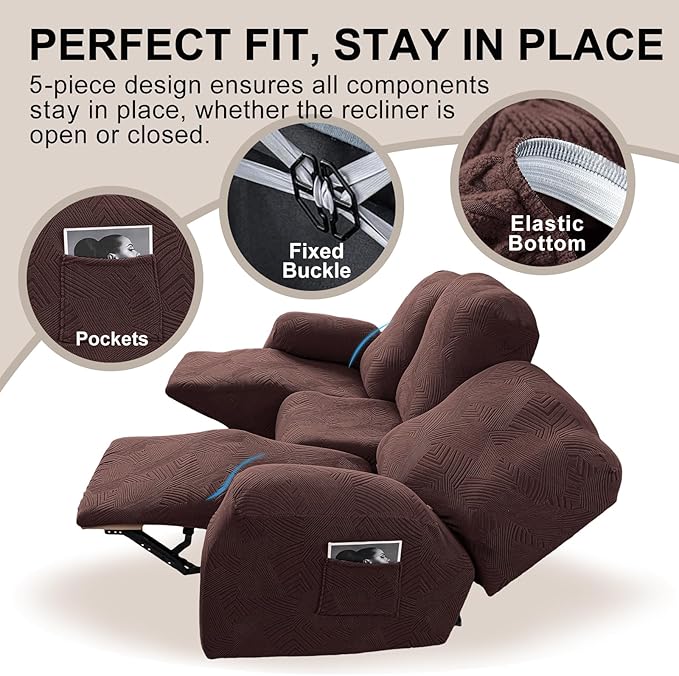 5-Piece Recliner Sofa Covers, Stretch Geometric Strokes Jacquard Recliner Sofa