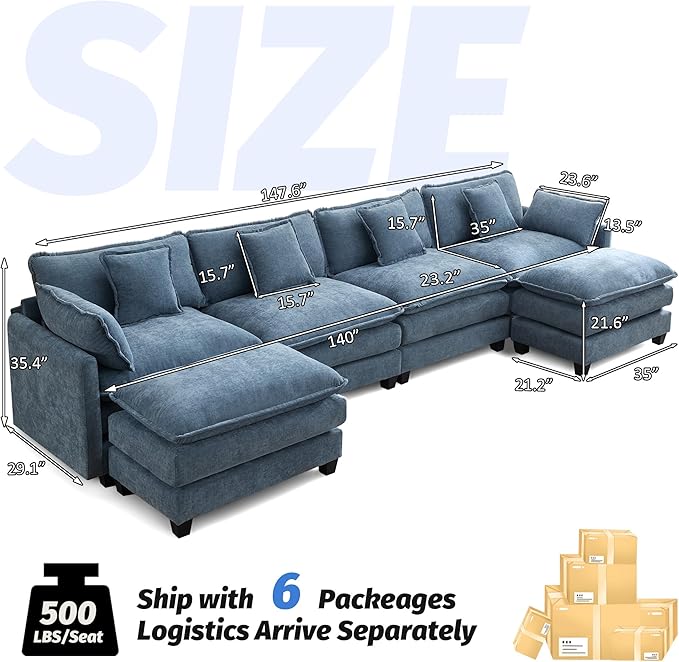 147'' Sectional Cloud Deep Seat Couch, Oversized Chenille U Shaped Sectional
