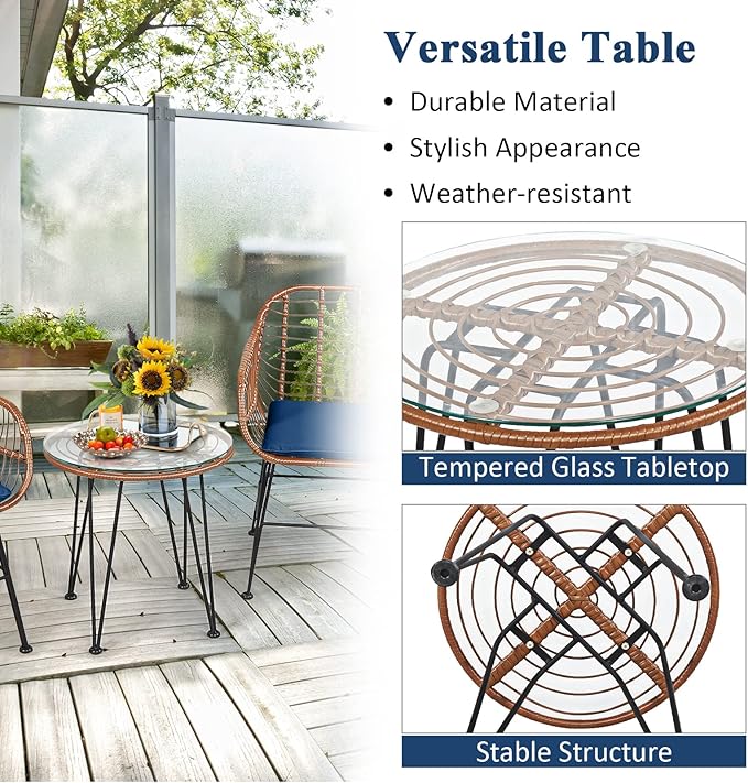 Tangkula 3 Pieces Patio Conversation Bistro Set, Outdoor Wicker Furniture