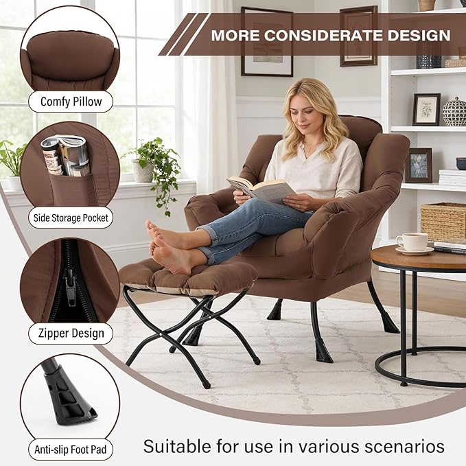 MBOOYOME Lazy Chair with Folding Ottoman, Modern Accent Armchair with Armrests