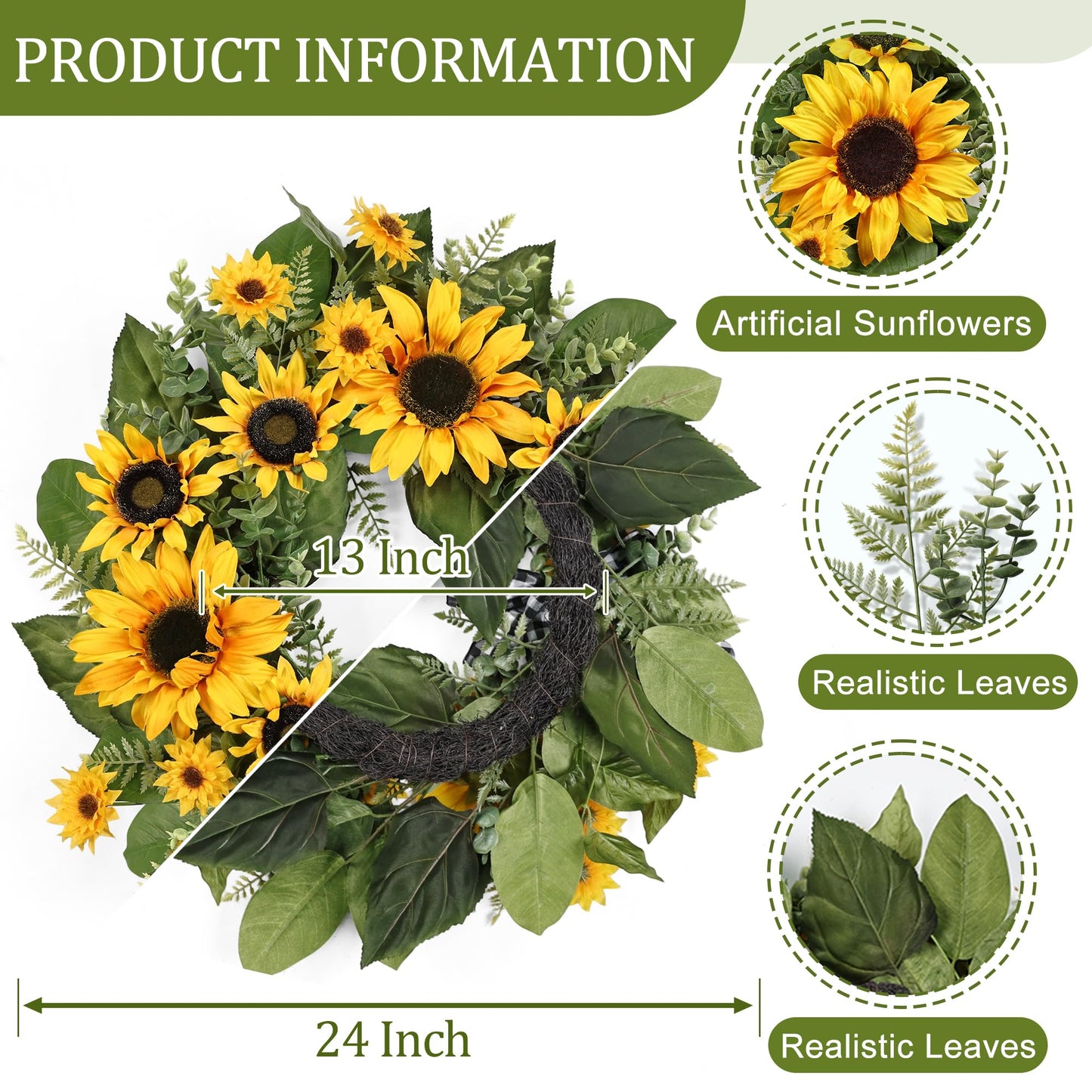 24 Inch Large Sunflower Spring Summer Wreath for Front Door, All Season Wreath with Bow Wreaths for Unique Housewarming Gift, Porch Wall Farmhouse Home Wedding Holiday Decor