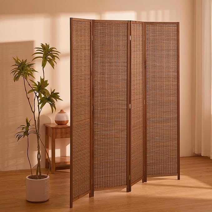 4 Panel Room Divider and Extra Wide Folding Privacy Screen, Bamboo Room Divider