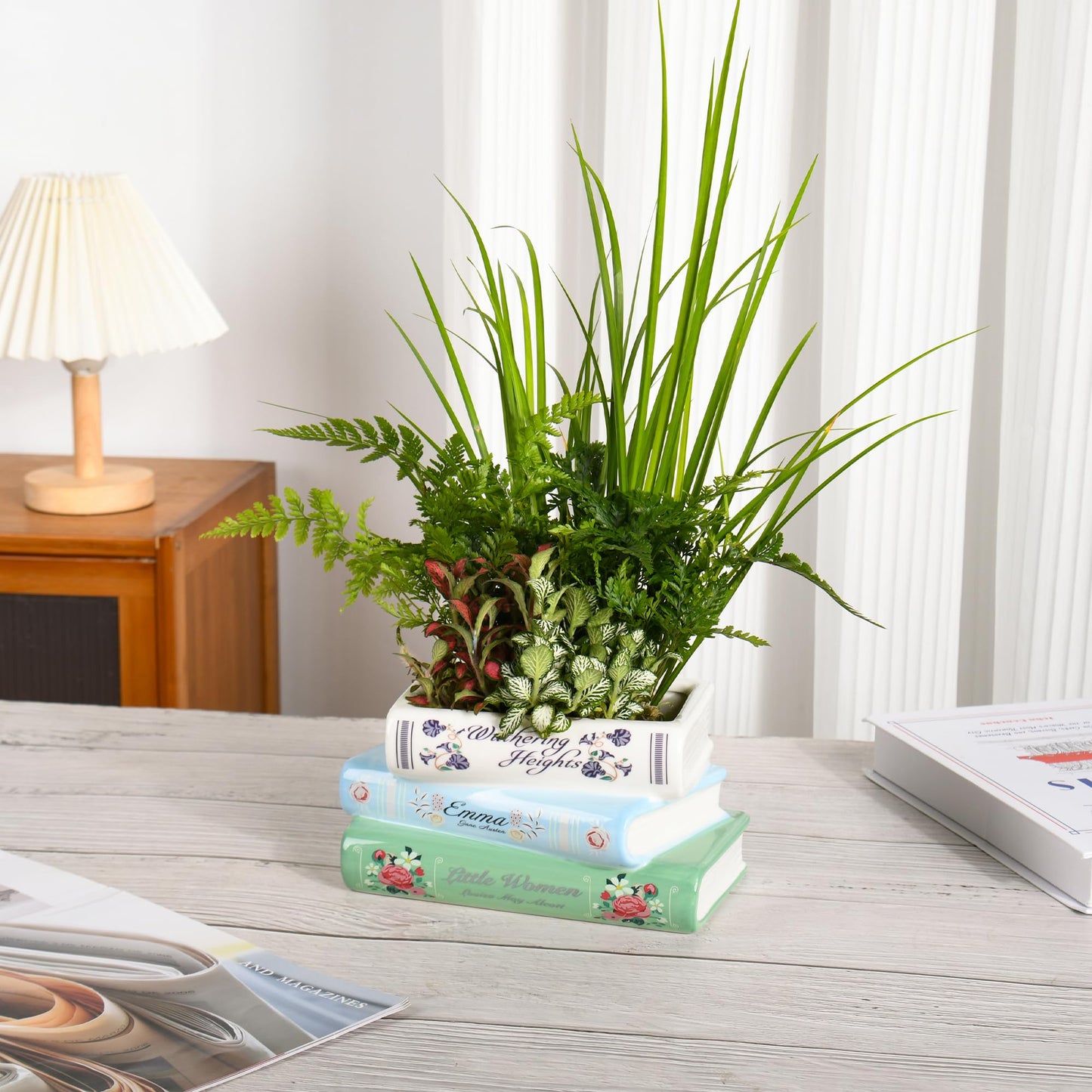HEBYJO Ceramic Book Shaped Planter with Drainage Hole, Unique Flower Pot, Literary Vase Bookshelf Decor, Gift for Book Lovers, Multifunctional Storage Box