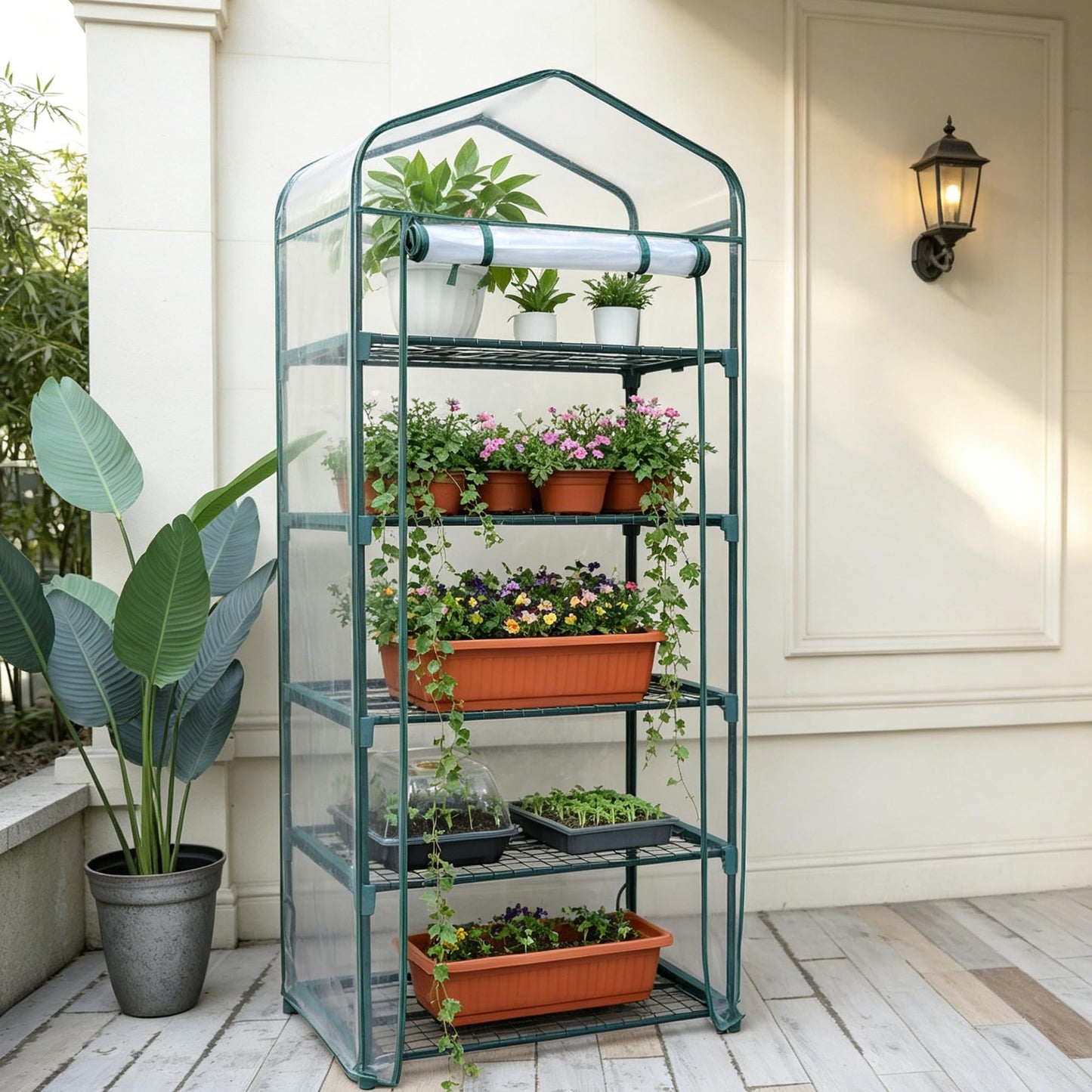 KOL 27 x 19 x 76-Inch 5 Tier Mini Greenhouse with PVC Cover for Indoor Outdoor, Portable Small Green House, Seed Starter Plant Stand for Apartment Balcony Patio, Orchid Winter Frost Protection