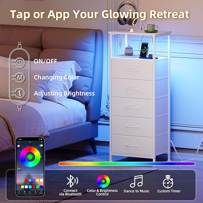 Somdot White Nightstand with Charging Station and LED Light