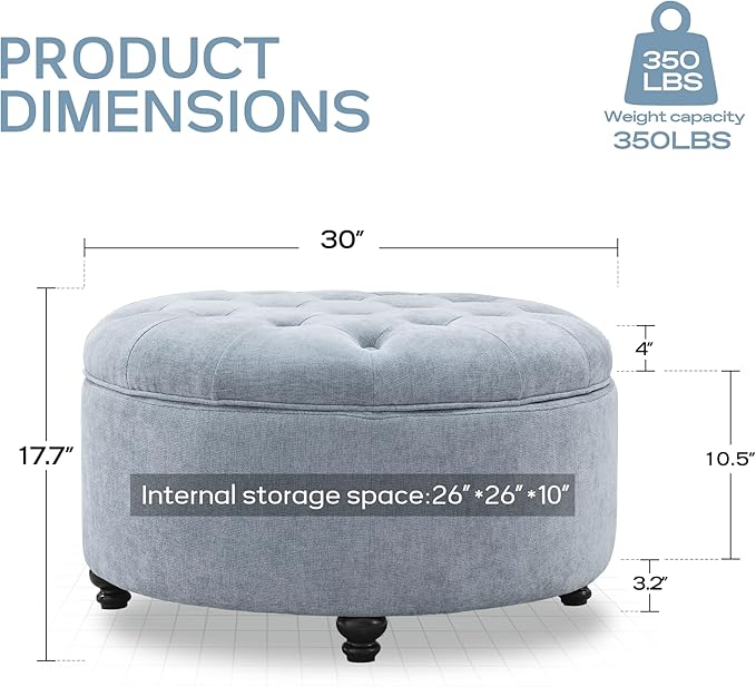 HUIMO 30-Inch Round Storage Ottoman, Modern Button Tufted Ottoman Coffee Table