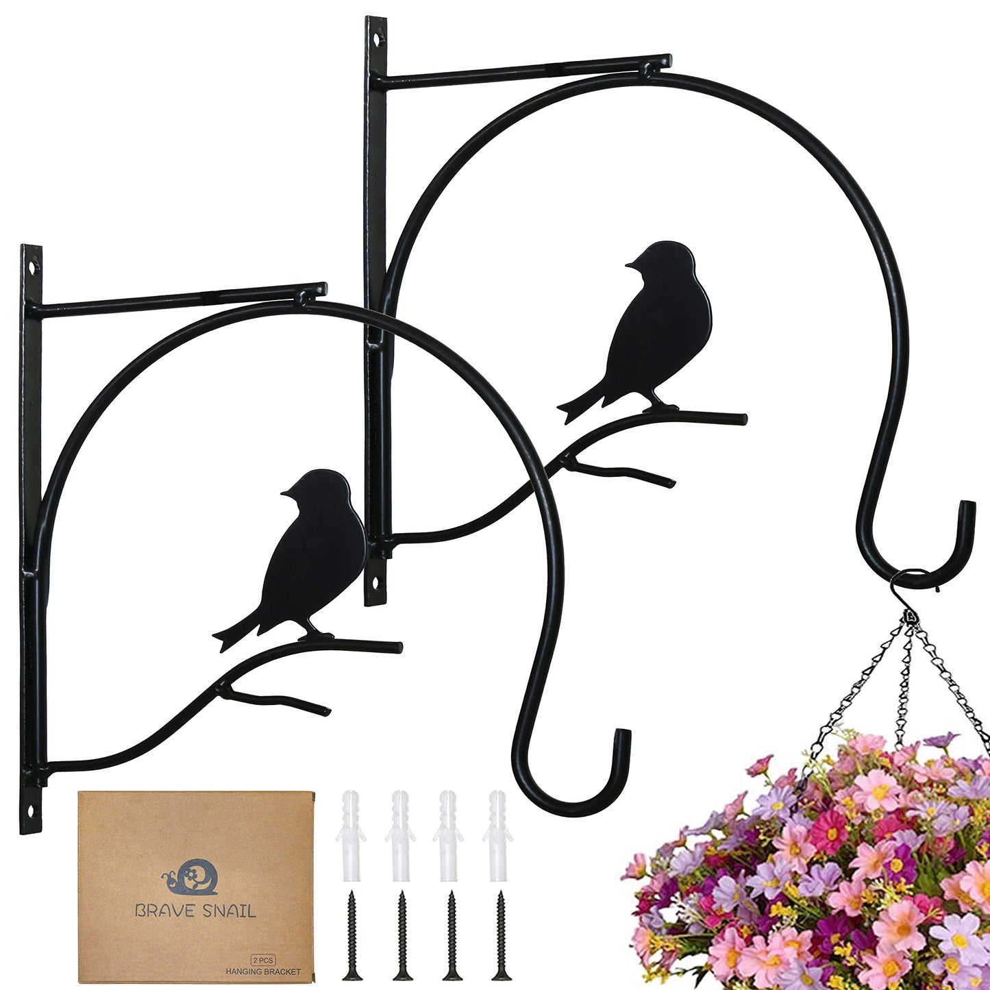 BRAVE SNAIL Hanging Plant Bracket 10 Inch 2 Pack Metal Iron Wall Hooks Decorative for Bird Feeders Plant Hanger Wind Chime Lanterns Indoor Outdoor, Black