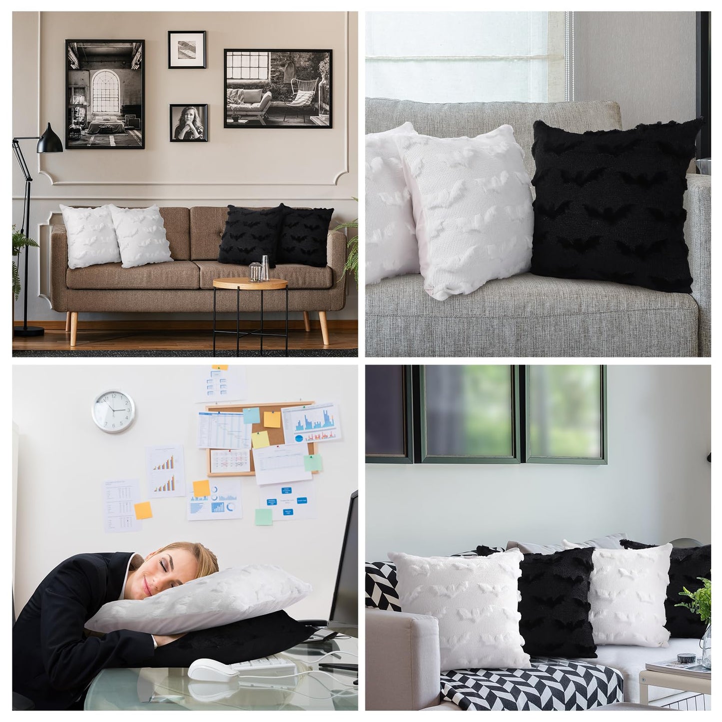 Geyoga Set of 4 Halloween Bat Pillow Covers 18x18 Inch Black White Bat Throw Pillow Cases Soft Plush Faux Fur Couch Cushion Case for Chair Sofa Bedroom Living Room Home