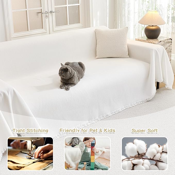 MYSKY HOME Couch Covers for Pets Thick Chenille White Cream Sofa Slipcover