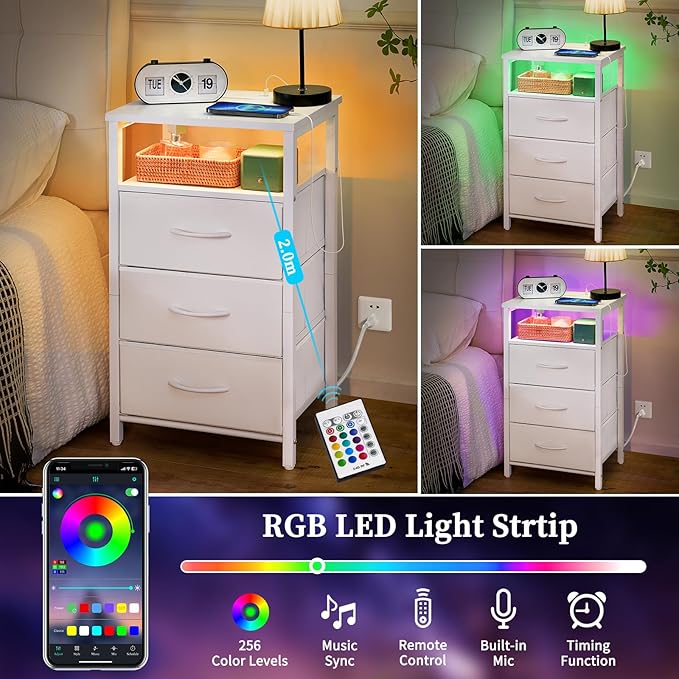 Yoobure Night Stand with Charging Station, 16 Colors LED Nightstand with USB