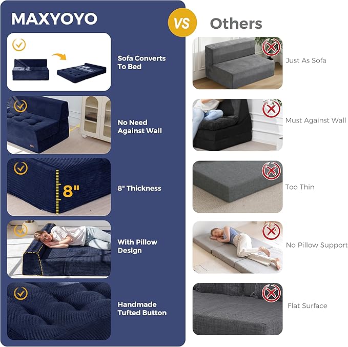 MAXYOYO 8" Folding Sofa Bed, Fold Out Chair Bed Sleeper Chair, Convertible