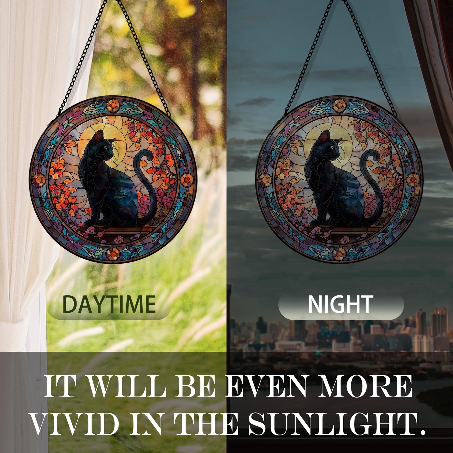 Hxlac Black Cat Christmas Suncatcher Stained Glass Window Hanging, Gothic Black Cat Flower Sun Catchers Indoor Window Glass Round Wall Decor, Halloween Wall Art Hanging Decorations, ＂7.8x7.8＂