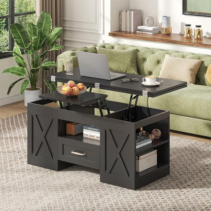 kepptory 39.4'' Lift Top Coffee Table with Storage, 4 in 1 Multi-Function Convertible Coffee Tables for Living Room, Farmhouse Coffee Table with Open Storage Compartment & Drawers (Black)
