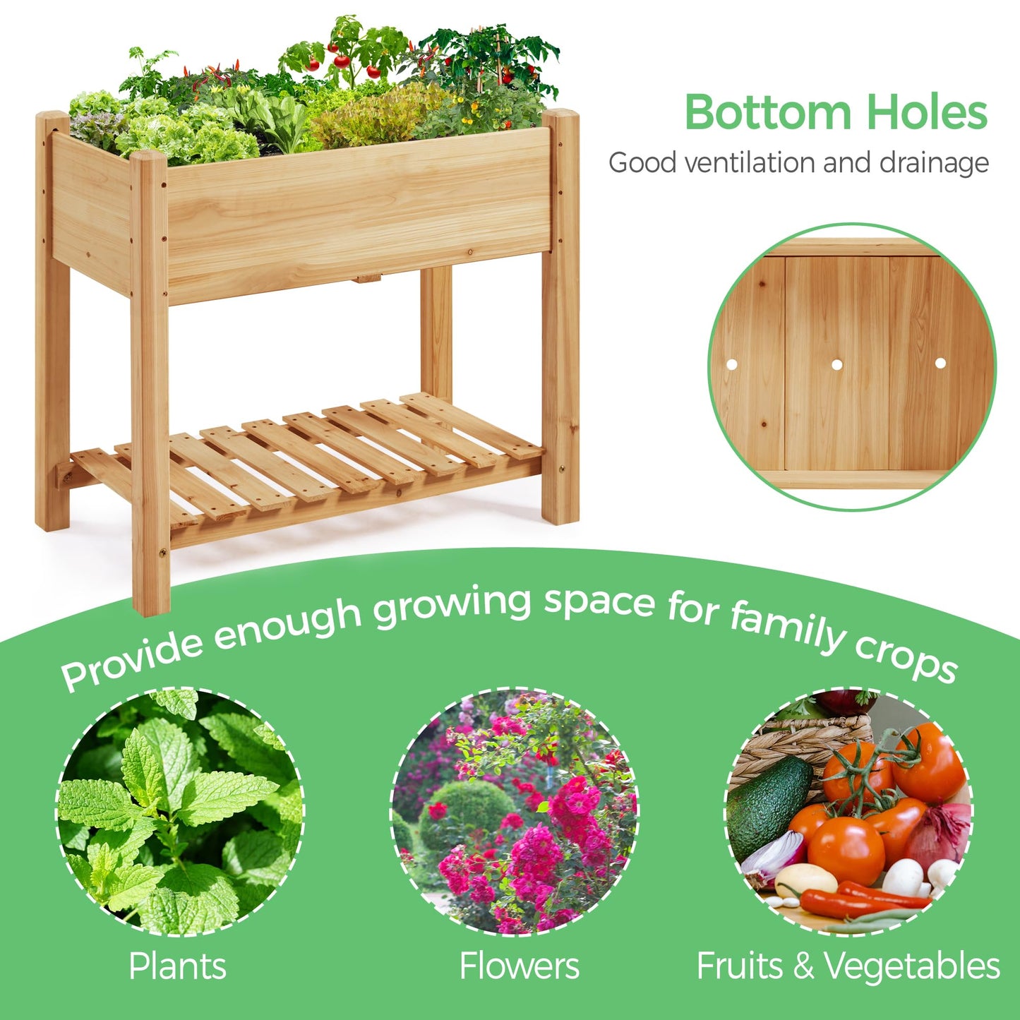 Yaheetech 34x18x30in Horticulture Raised Garden Bed Planter Box with Legs & Storage Shelf Wooden Elevated Vegetable Growing Bed for Flowers, Plants, Backyard, Patio, Balcony, Light Brown