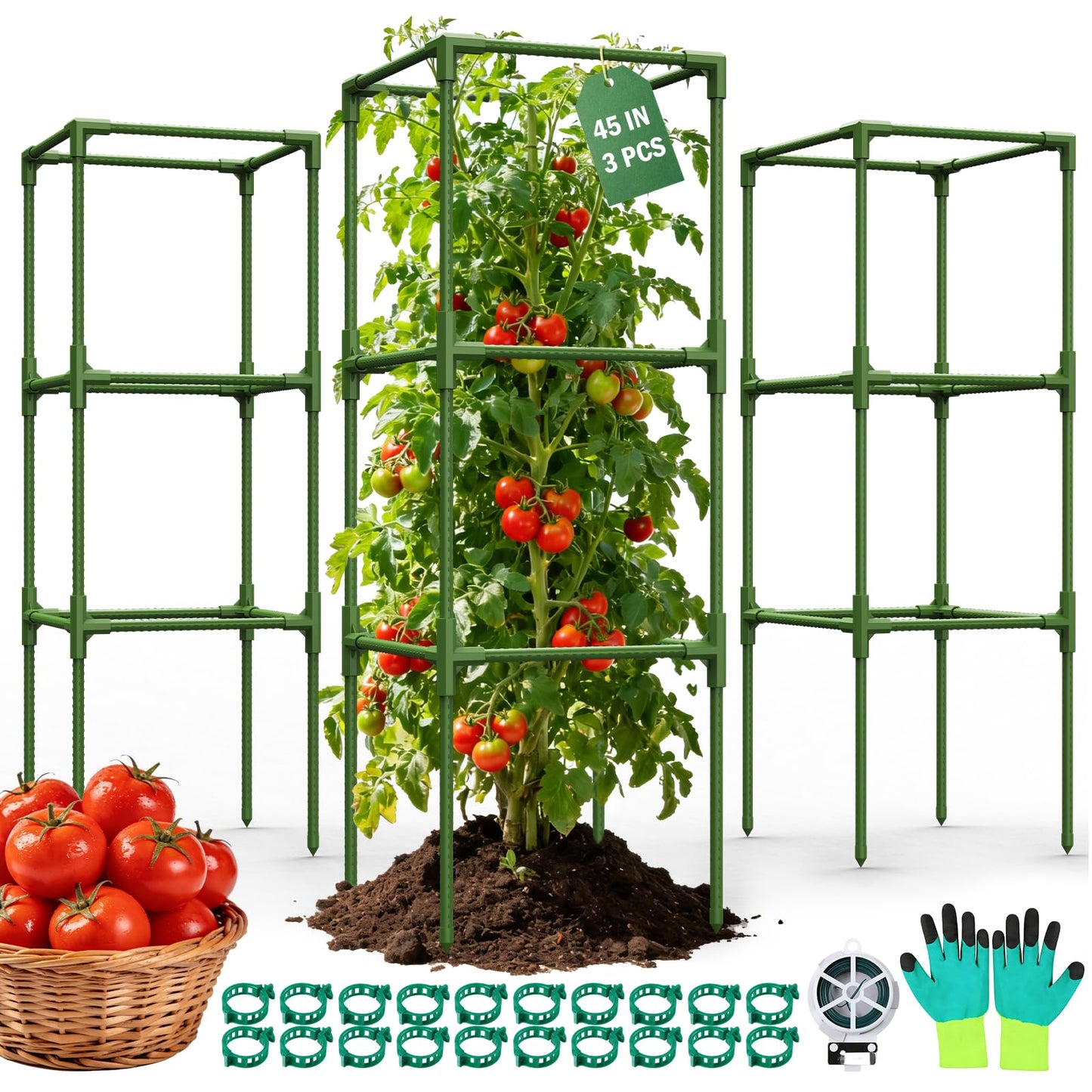 Uyittour 3 Pack Square Tomato Cages for Garden, 45" Heavy Duty Tomato Trellis Plant Support Cages for Raised Garden Bed Climbing Vegetables, Set with Garden Gloves, 20 Clips & 65FT Tie Wire