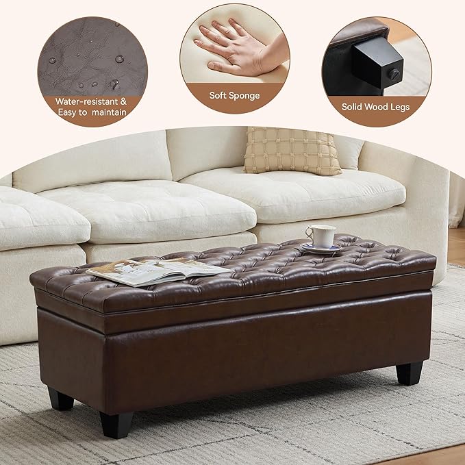 WUTUTUEE 50" Faux Leather Storage Ottoman Bench, End of Bed Upholstered