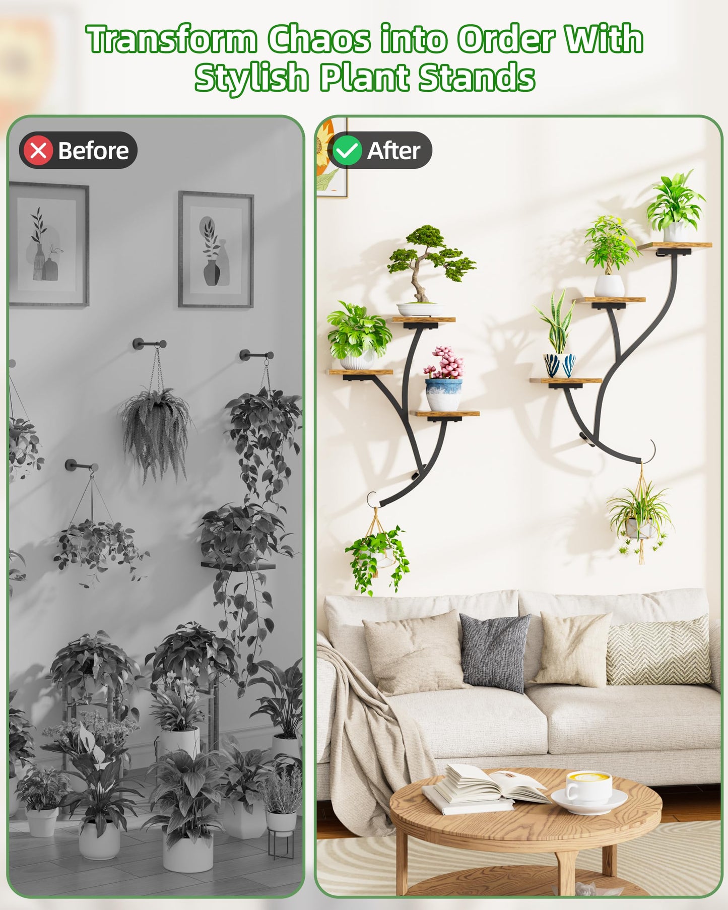 POZILAN Wall Planters for Indoor Plants 2 Pack, 6 Tiered Wall Plant Holder Hanging Planters Plant Stand Indoor, Window Plants Shelves for Living Room Patio