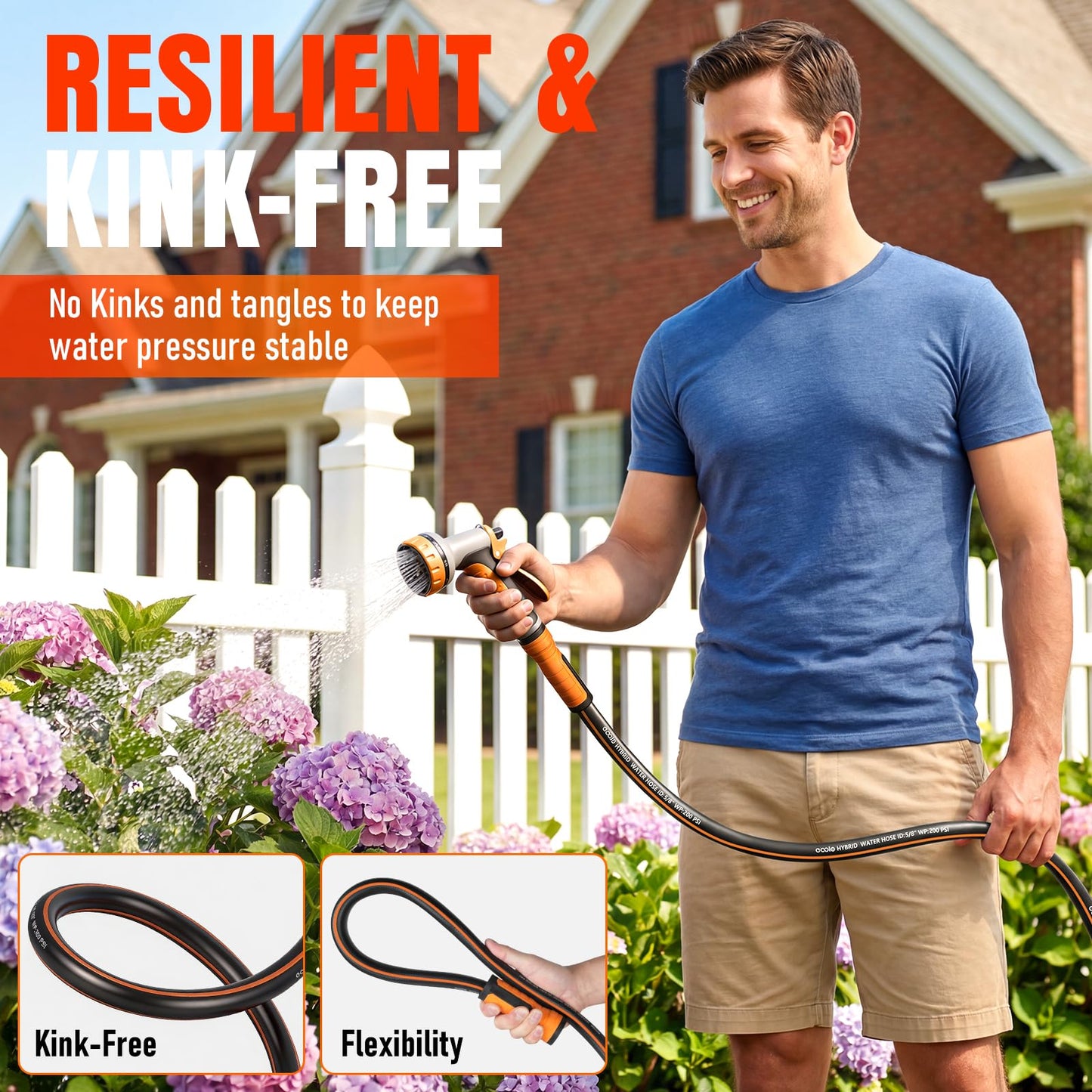 Garden Hose 25 ft x 5/8", Heavy Duty Water Hose, Flexible and Durable, Kink Resistant Lightweight Hybrid Hose, Leakproof Yard Hose with Male to Female Fittings