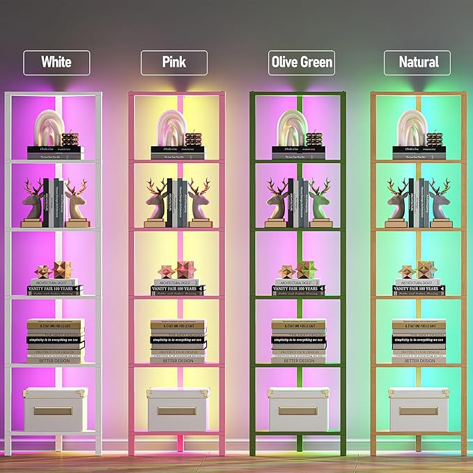 TUTOTAK Corner Shelf with LED Light, 6-Tier Corner Bookshelf