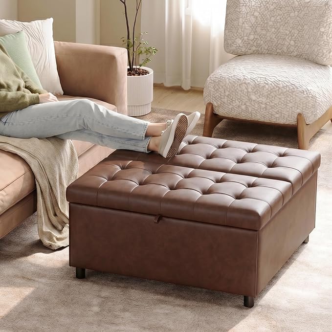 LINLUX Extra Large Leather Storage Ottoman, 35.5 Inch Large Square Lift Top