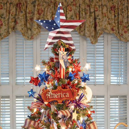 Halloscume 4th of July Rustic Tree Topper 7.8 in Metal Star Patriotic Tree Topper Red Blue White Trees Ornament for 250th Anniversary Independence Day Indoor Outdoor Home Decor Holiday Party Supplies
