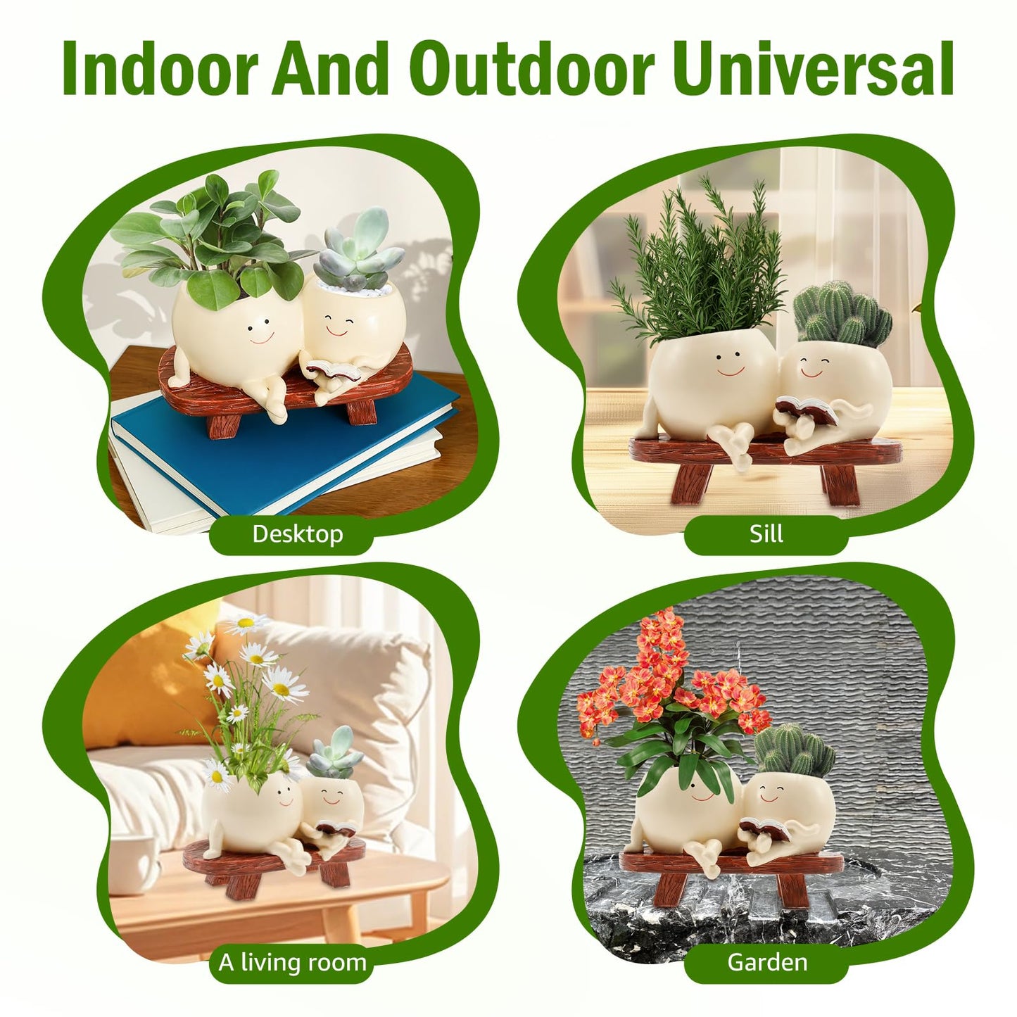 PTMTFYL Face Planter Pot, Flower Head Planter, Cute Resin Smiling Plant Pot with Drainage Hole, Chair Succulent Pots for Indoor and Outdoor Plants, Gift Ideai for Appreciation Christmas