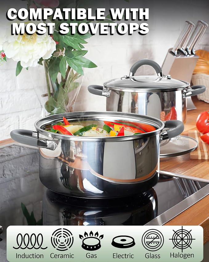 Cook N Home Basics 12 Quart Stainless Steel Stock Pot with Lid, Cooking Pot for Pasta, Soup, Stay-Cool Silicone Handle, Stockpot with Even Heating, Oven Safe, Cookware for Canning, Boiling, Simmer