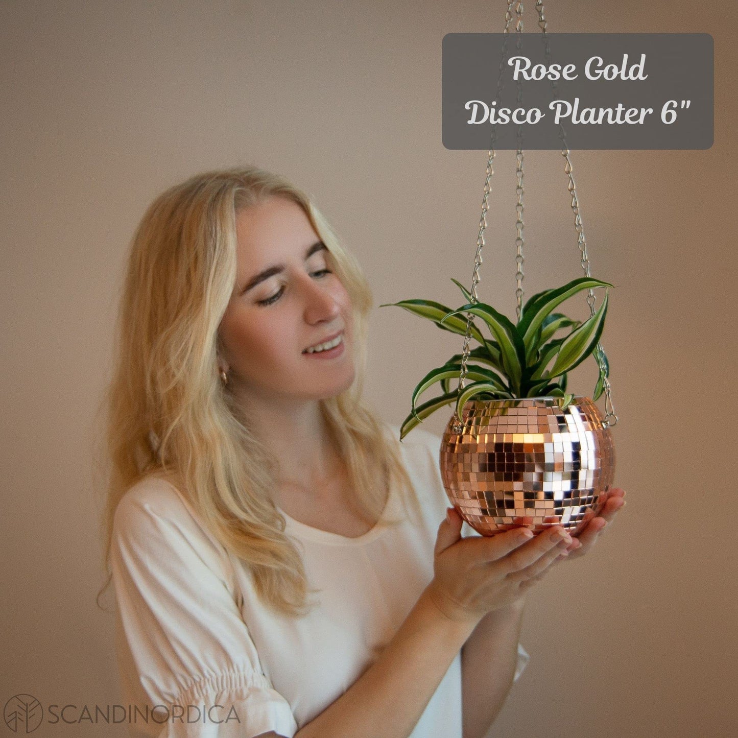 SCANDINORDICA Disco Ball Planter 6" Rose Gold with Chain and Macrame Hanger and Disco Ball Planter Pot 4.3" with Saucer (0.3x0.3 mirror tiles)