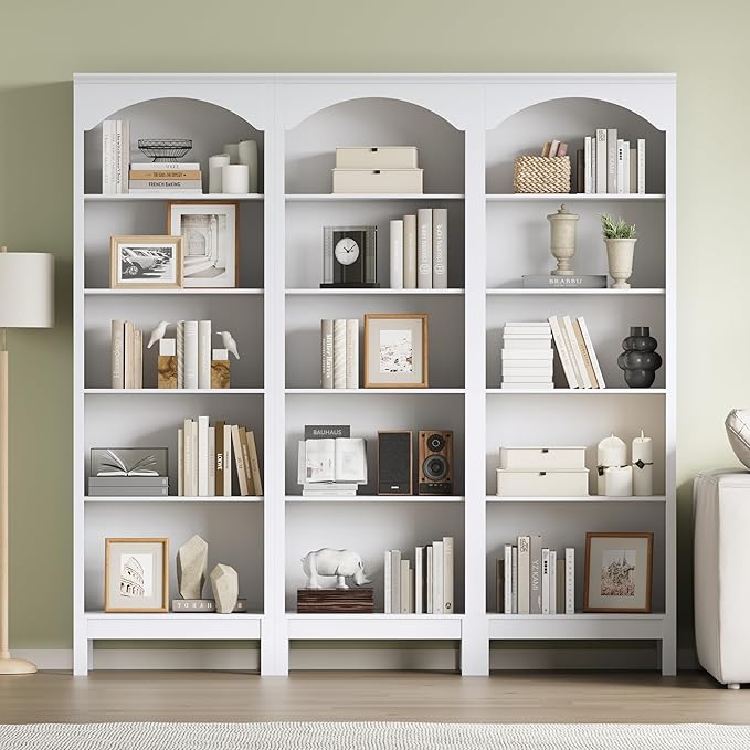Arched Set of 2 Bookshelf with 5 Tier Open Shelves, Living Room, Modern White