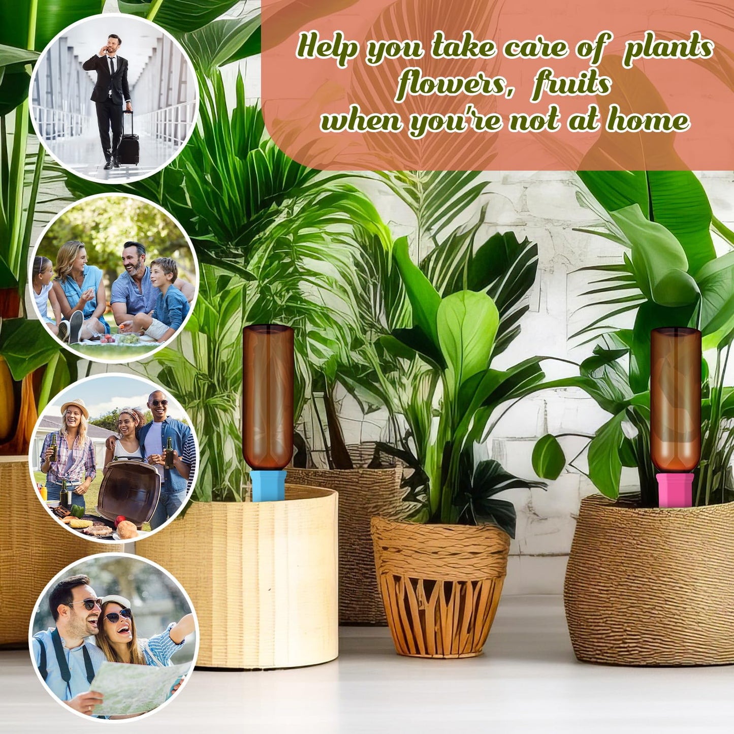 SiliFine 6 Sets Plant Watering Devices Include Terracotta Self Watering Spikes and 26 oz Plastic Bottles, Slow Release Vacation Insert Automatic Plant Waterer Device (Brown and Mixed Color)
