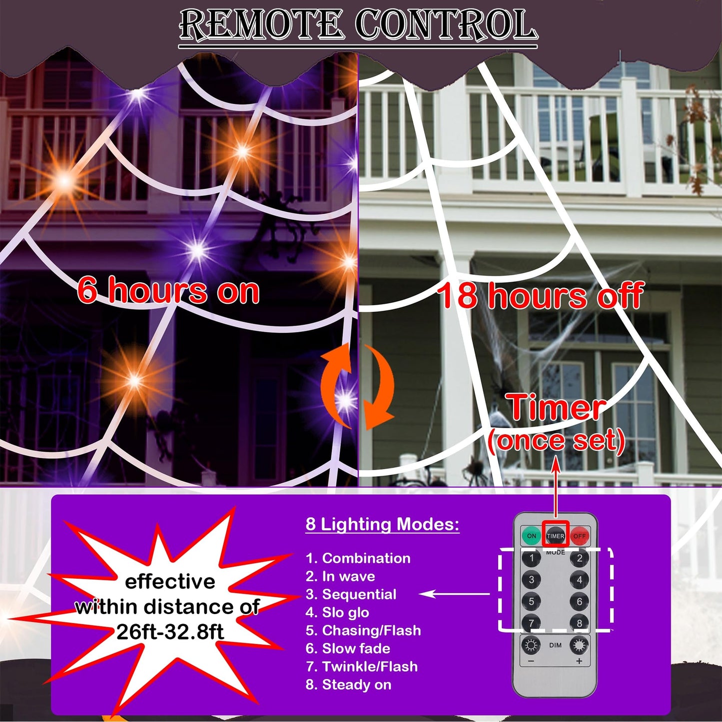 Joliyoou Halloween Decorations Outdoor, 200 LED Giant Spider Web Lights, 19.7ft x 16.4ft Spiderweb with Orange and Purple Lights, 8 Modes Remote Controlled Cobweb for Spooky Party Decor