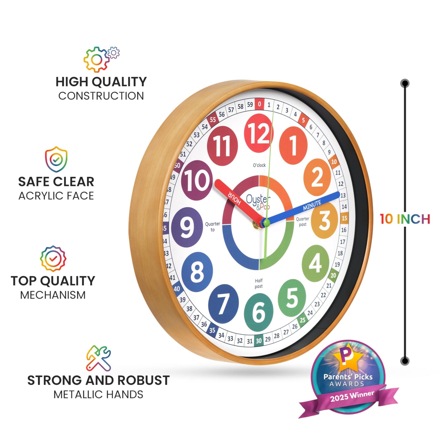 Oyster&Pop Kids Clock – Silent 10" Analog Learning Wall Clocks - Award-Winning Telling Time Teaching Clock for Kids - Bedrooms Homeschool & Classrooms - Includes eBook