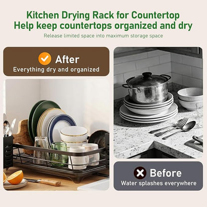 Dish Drying Rack for Kitchen Counter, Large Capacity Rust Resistant Rack with Removable Utensil Holder, Space-Saving Sink Organizer for Home and Apartment, 12" W x 16.6" L (Black)