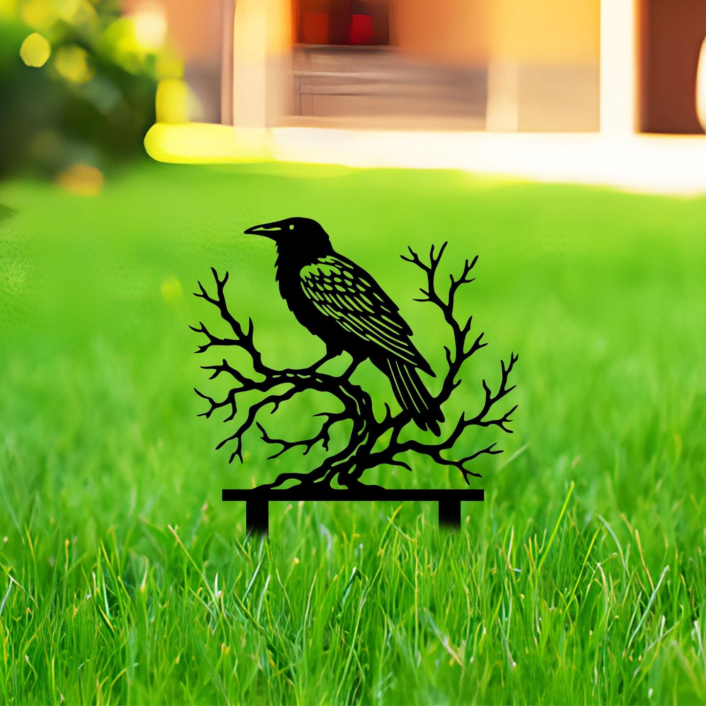 Aucizb Crow Tree Branch Metal Garden Stake Decor-Bird Silhouette Statue Yard Art for Patio,Outside,Lawn,Park,Farmhouse, Halloween Unique Gift (Black)